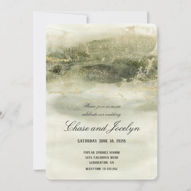 Invitación Boda de ondas acuáticas Gold y Sage (Anverso)