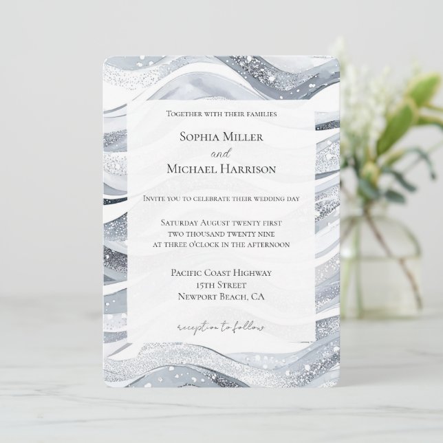 Invitación Boda de ondas de chispa plateadas de moda (Anverso de pie)