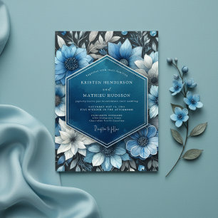 Invitación Boda de Opulencia Botánica Azul Profundo
