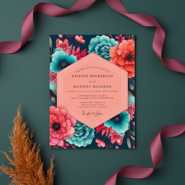 Invitación Boda de Opulencia Floral Coral Teal (Subido por el creador)