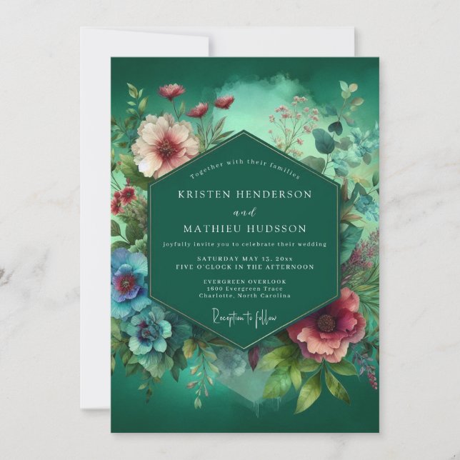 Invitación Boda de Opulencia Floral Esmeralda Profunda (Anverso)