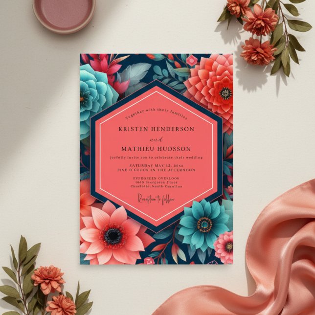 Invitación Boda de Opulencia Floral Teal (Subido por el creador)
