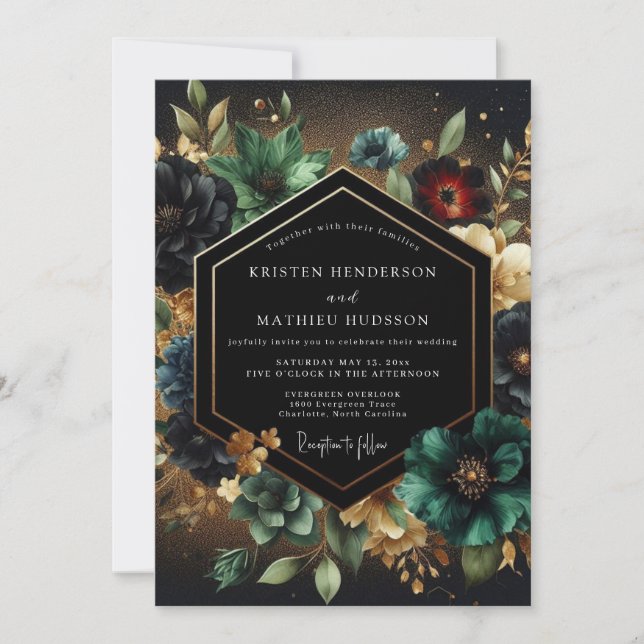 Invitación Boda de Opulencia Floral Turquesa Profundo (Anverso)