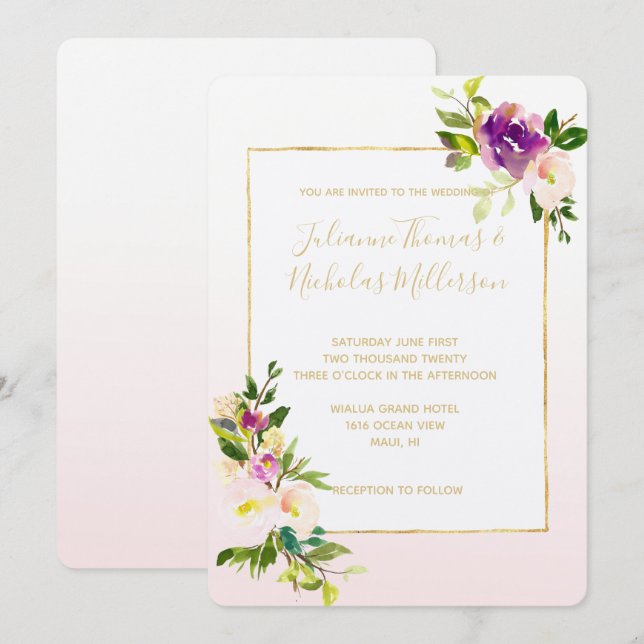 Invitación Boda de orémbre color rosa burdeos (Anverso / Reverso)