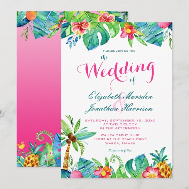 Invitación Boda de ormbre floral Verde azulado rosado de play (Anverso / Reverso)