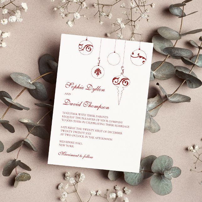 Invitación Boda de ornamentos baubles de Navidades rojos de i (Christmas Wedding Baubles Wedding Invitation)