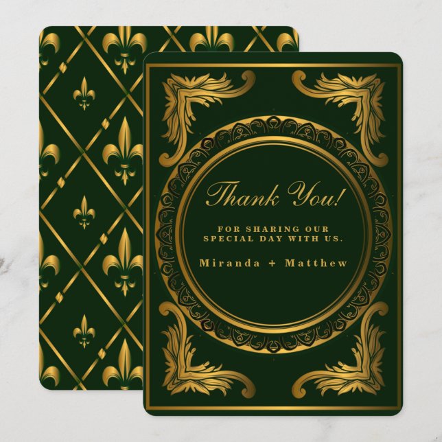 Invitación Boda de ornamentos de oro de Esmeralda Gracias Car (Anverso / Reverso)