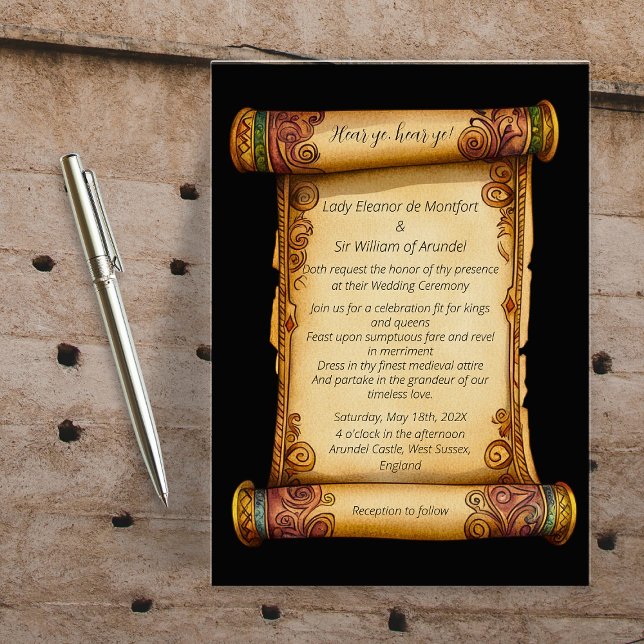 Invitación Boda de Ornato de Desplazamiento Medieval de Hear  (Hear Ye Medieval Scroll Ornate Wedding Invitation)