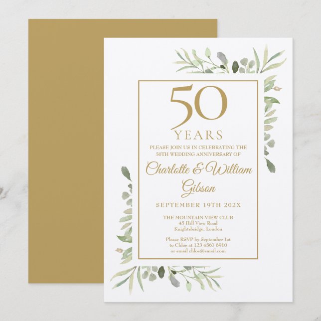 Invitación Boda de oro 50 aniversario rústico vegetación (Anverso / Reverso)