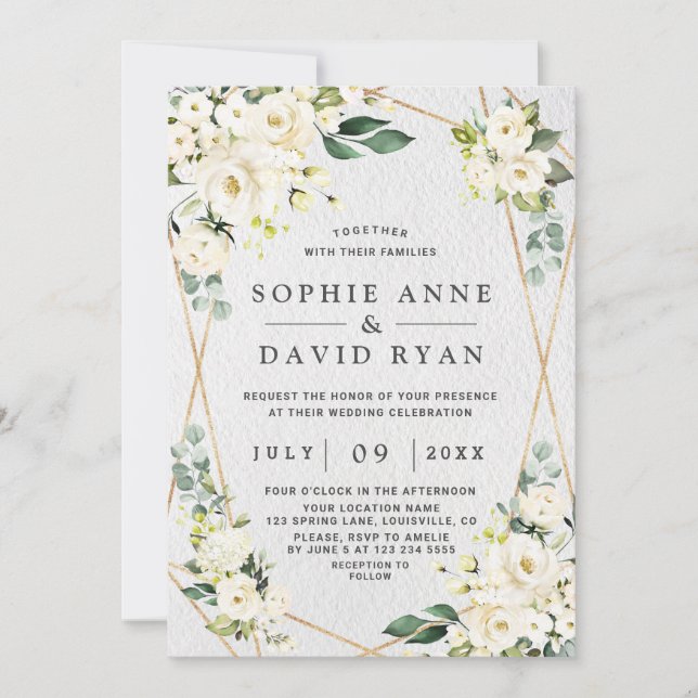 Invitación Boda de oro acuarela blanca floral (Anverso)