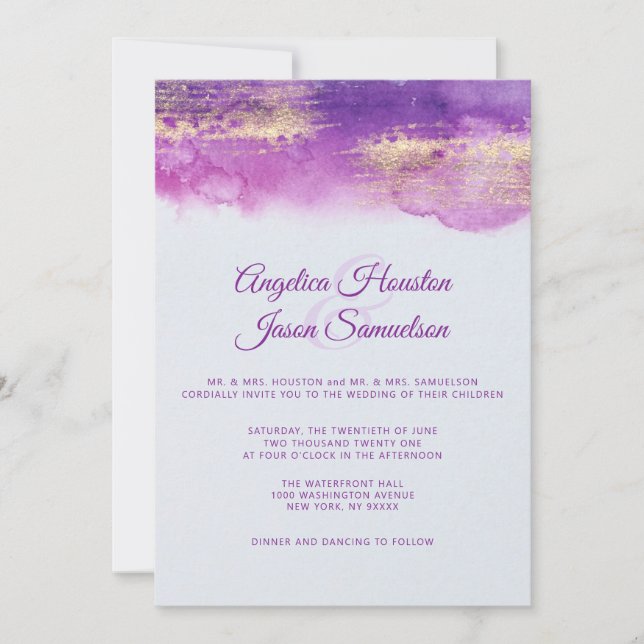 Invitación Boda de oro acuarela de plumas moradas malvas (Anverso)