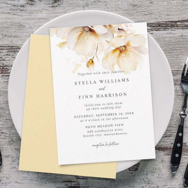 Invitación Boda de oro amarillo blanco con flores elegantes (Elegant Flowers White Yellow Gold Wedding Invitation)