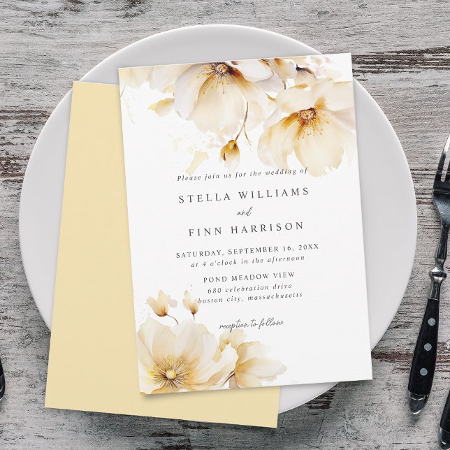 Invitación Boda de oro amarillo blanco con flores elegantes (Elegant Flowers White Yellow Gold Wedding Invitation)