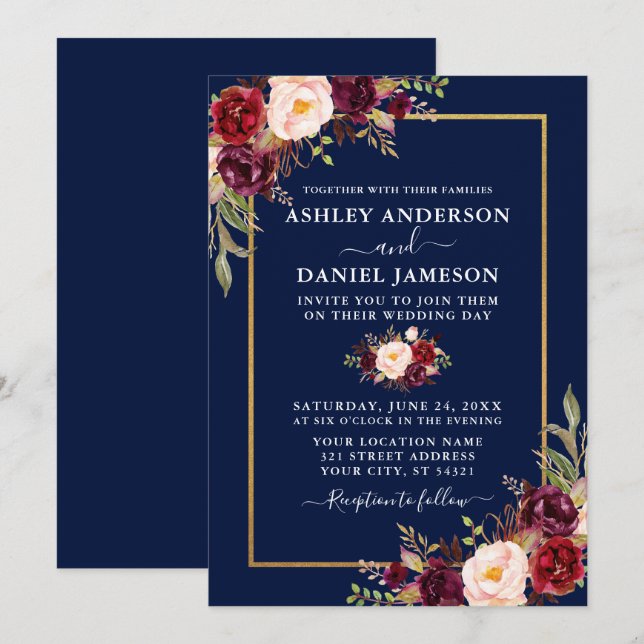 Invitación Boda de oro azul acuarela borgoña (Anverso / Reverso)