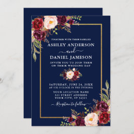 Invitación Boda de oro azul acuarela borgoña