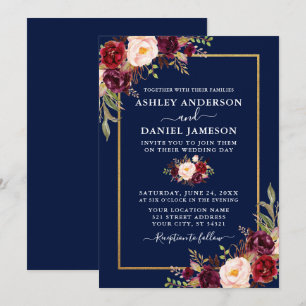Invitación Boda de oro azul acuarela borgoña