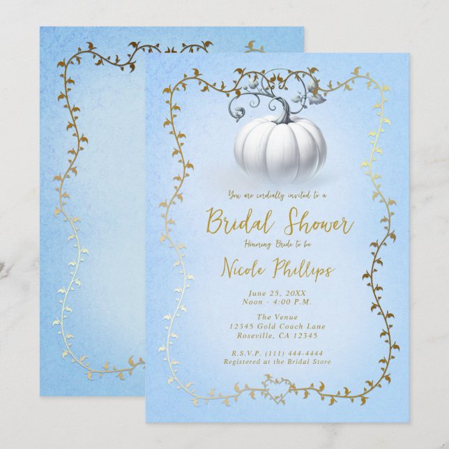Invitación Boda de oro azul cuento blanco calabaza Bridal Sho (Anverso / Reverso)