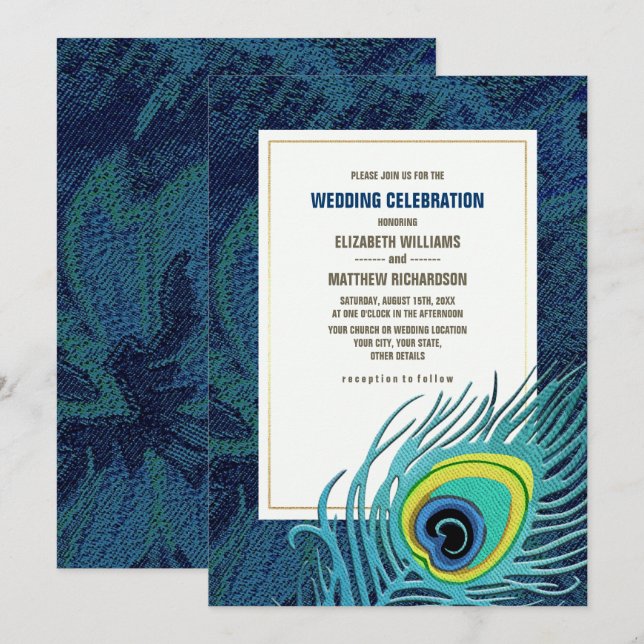 Invitación Boda de oro azul de la marina de plumas de pavo re (Anverso / Reverso)