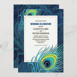 Invitación Boda de oro azul de la marina de plumas de pavo re
