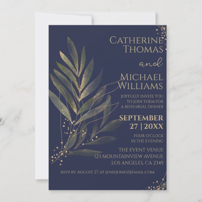 Invitación Boda de oro azul de la marina moderna (Anverso)