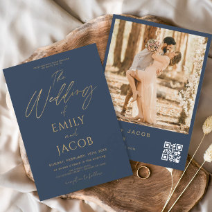 Invitación Boda de oro azul de la marina QR código de foto gu