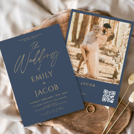 Invitación Boda de oro azul de la marina QR código de foto gu