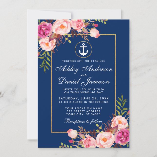 Invitación Boda de oro azul floral rosado náutico (Anverso)
