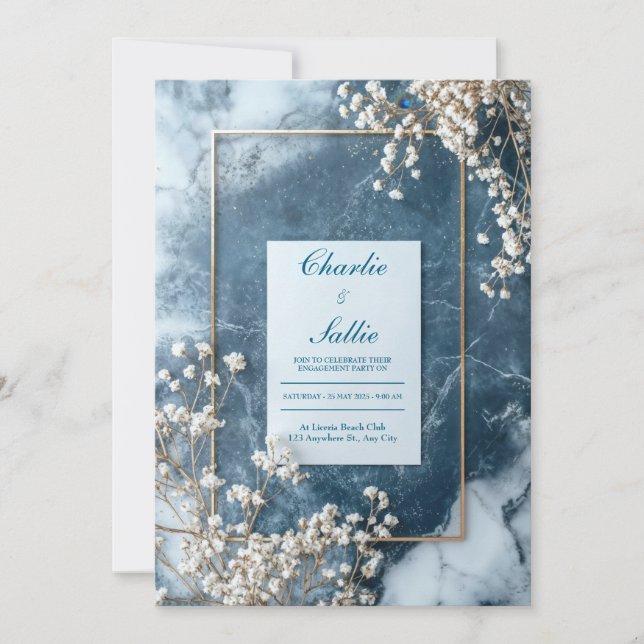 Invitación Boda de Oro Azul Marino con Baby's Breath (Anverso)