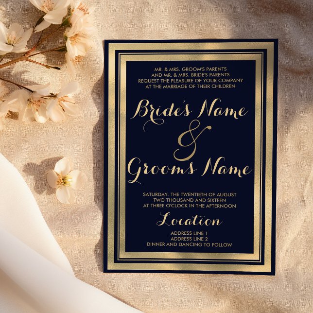 Invitación Boda de oro azul marino de lujo (Luxury stylish modern navy blue gold Wedding )