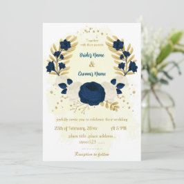 Invitación boda de oro azul marino y flores blancas