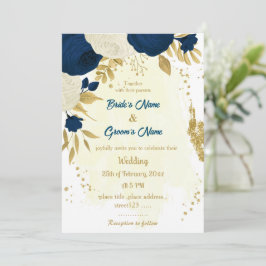 Invitación boda de oro azul marino y flores blancas