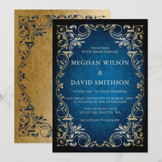 Invitación Boda de oro azul ornamental rustico elegante (Anverso / Reverso)
