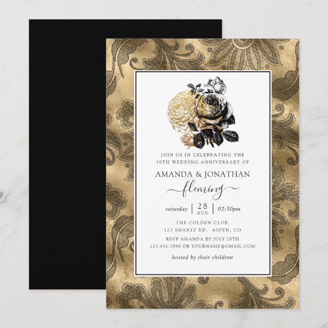 Invitación Boda de Oro Black & Gold Glam 50º Aniversario de B (Anverso / Reverso)