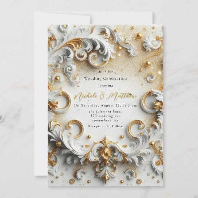 Invitación Boda de oro blanco de estilo barroco de lujo (Anverso)