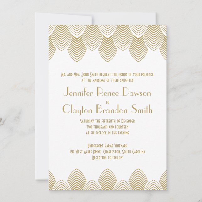 Invitación Boda de oro blanco de vieira Art Deco de 20 (Anverso)