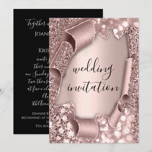 Invitación Boda de oro blanco negro 3D Rosa Sparkly (Anverso / Reverso)
