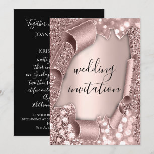 Invitación Boda de oro blanco negro 3D Rosa Sparkly