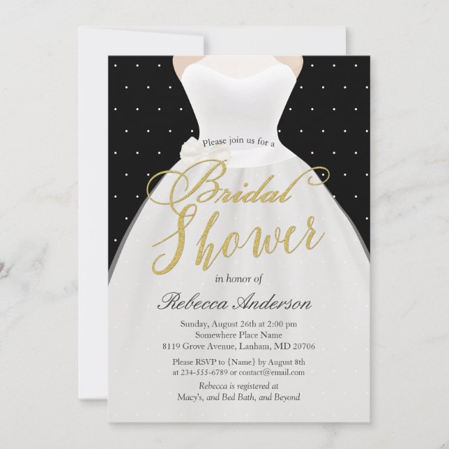 Invitación Boda de oro blanco negro vestido ducha de novia (Anverso)