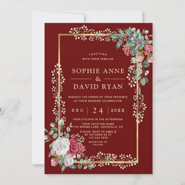Invitación Boda de oro blanco rojo floral borgoña (Anverso)