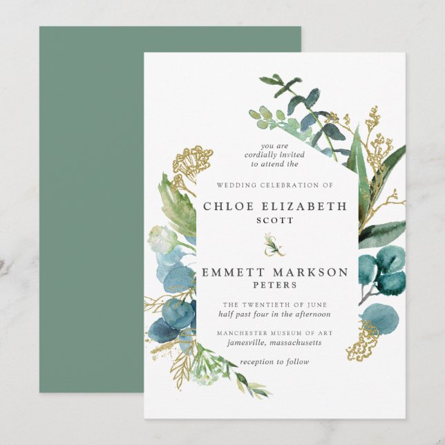 Invitación Boda de oro botánico azul Verde azulado de Boho rú (Anverso / Reverso)