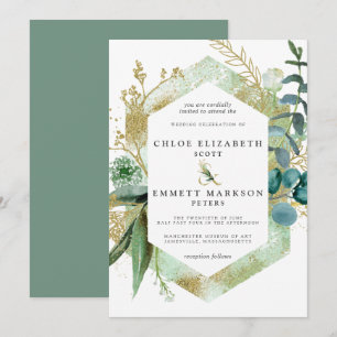 Invitación Boda de oro botánico azul Verde azulado de Boho rú