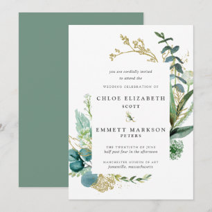 Invitación Boda de oro botánico azul Verde azulado de Boho rú