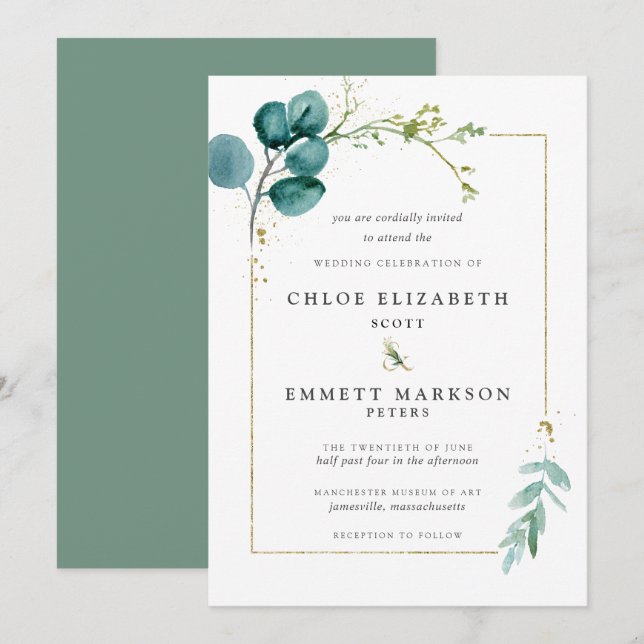 Invitación Boda de oro botánico azul Verde azulado minimalist (Anverso / Reverso)