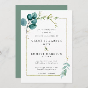 Invitación Boda de oro botánico azul Verde azulado minimalist