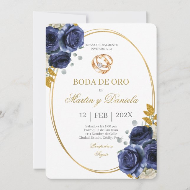 Invitación Boda de oro con boho azul (Anverso)