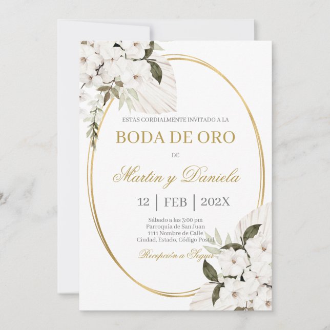 Invitación Boda de oro con boho blanco (Anverso)