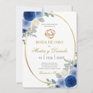 Invitación Boda de oro con flor azul