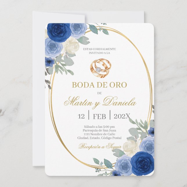 Invitación Boda de oro con flor azul (Anverso)