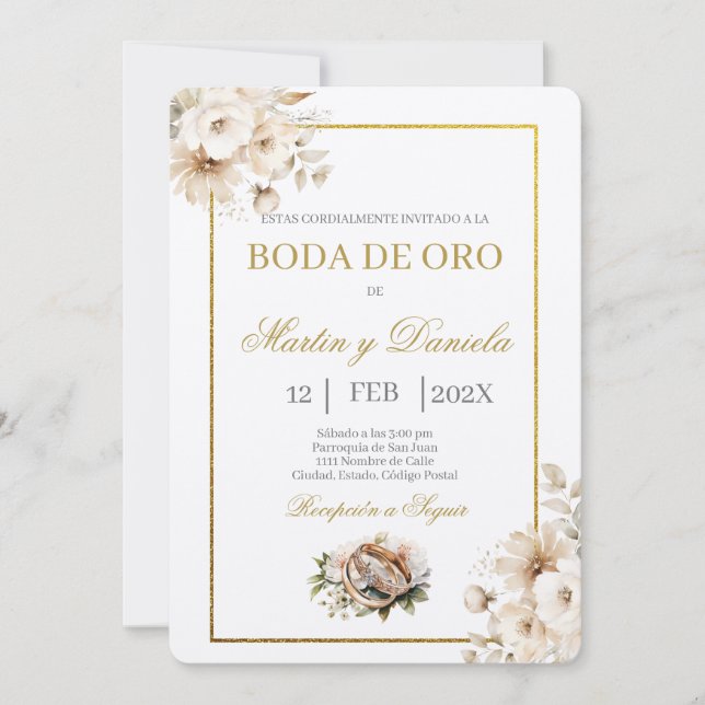 Invitación boda de oro con flor blanca (Anverso)
