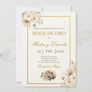 Invitación boda de oro con flor blanca